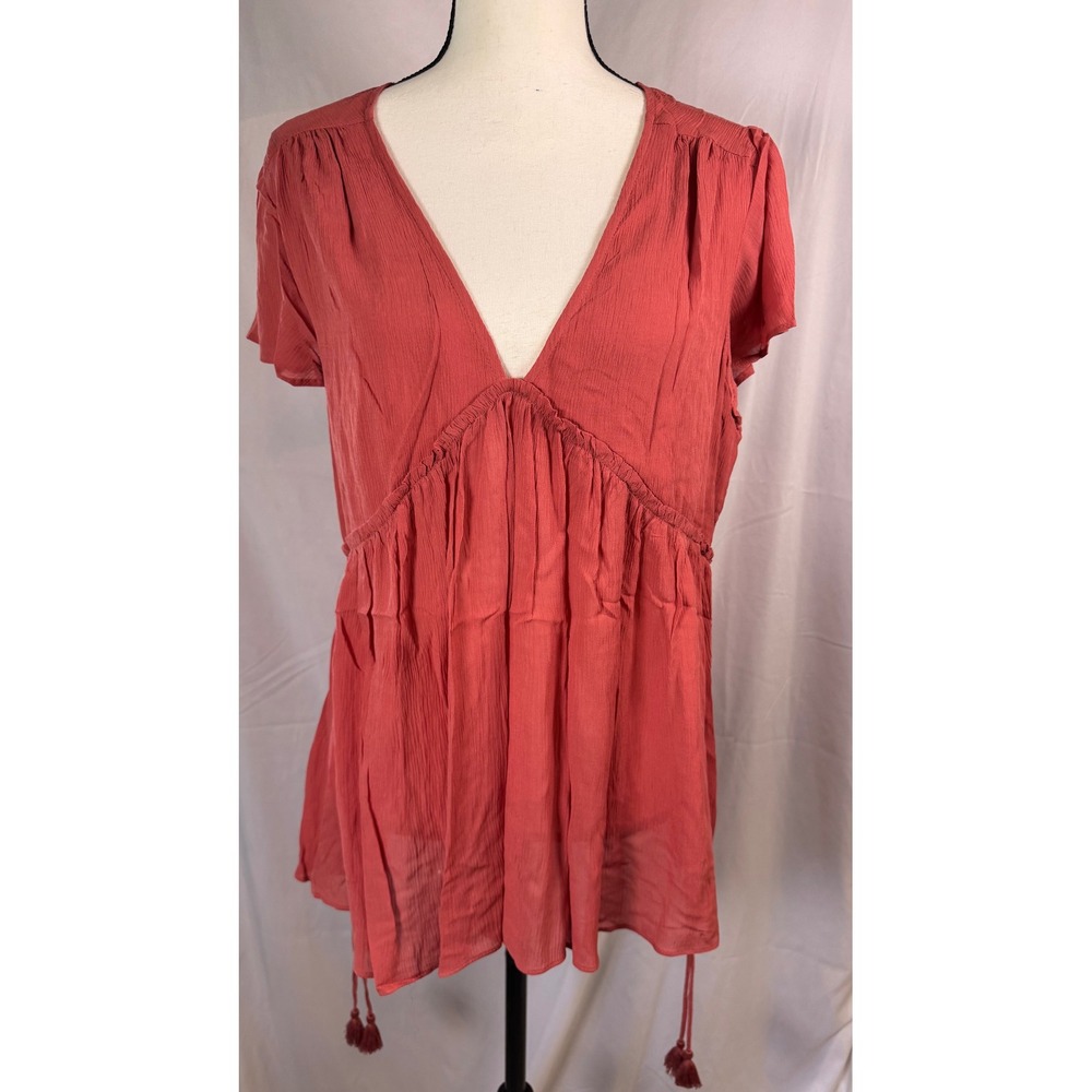 Matilda Jane Babydoll Tunic Women M Coral Excellent Boho V-Neck Tassel Tie Top